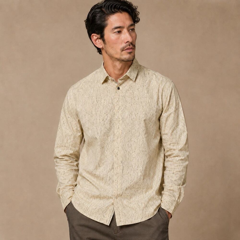 John Varvatos Men XL Abstract Crackle Print Button Up Shirt Beige Cream Cotton